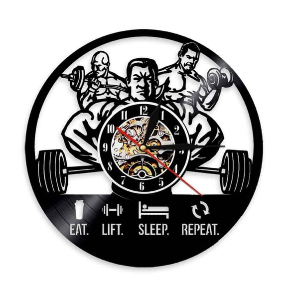 Eat Lift Sleep Repeat Mens Fitness GYM Inspirational Quote Workout Wall Clock Muscle Men Bodybuilding Vinyl Record Wall Clock Without LED