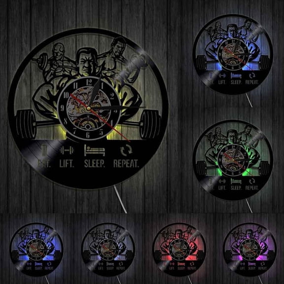 Eat Lift Sleep Repeat Mens Fitness GYM Inspirational Quote Workout Wall Clock Muscle Men Bodybuilding Vinyl Record Wall Clock