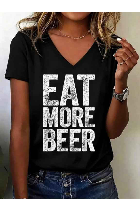 Eat More Beer Shirt Funny Men Women Drinking V Neck T-Shirt Cotton Women's V Neck Graphic Tee, Casual Short Sleeve Shirt,Vacation Outfit