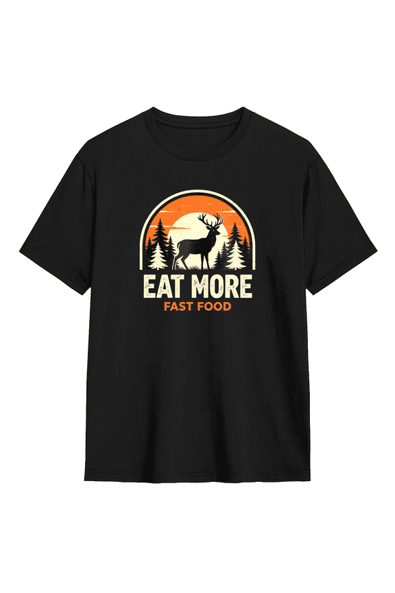 Eat More Fast Food Deer Vintage Graphic Tee For Men, Hunting Outdoor Cotton Short Sleeves T-Shirt