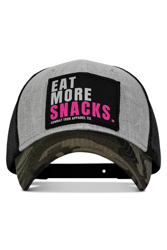 Eat More Snacks Patch Mid-Profile Snapback Hat – BDU Camo / Black / Gray