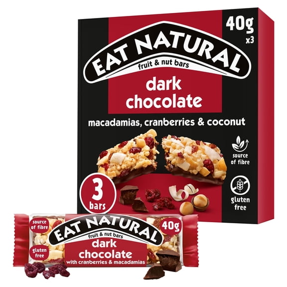Eat Natural Fruit & Nut Bars with Dark Chocolate, Cranberries & Macadamias 3 x 40g, Imported from Britain