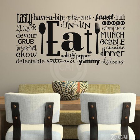 Eat Phrases Tasty Feast Delicious Breakfast Lunch Dinner Gobble Munch Vinyl Lettering Wall Decal Sticker Kitchen Decals - Size: 16"H x 35"L - Color: Black