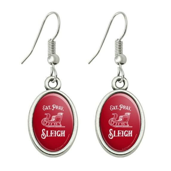 Eat Pray Sleigh Christmas Winter Funny Humor Novelty Dangling Drop Oval Charm Earrings
