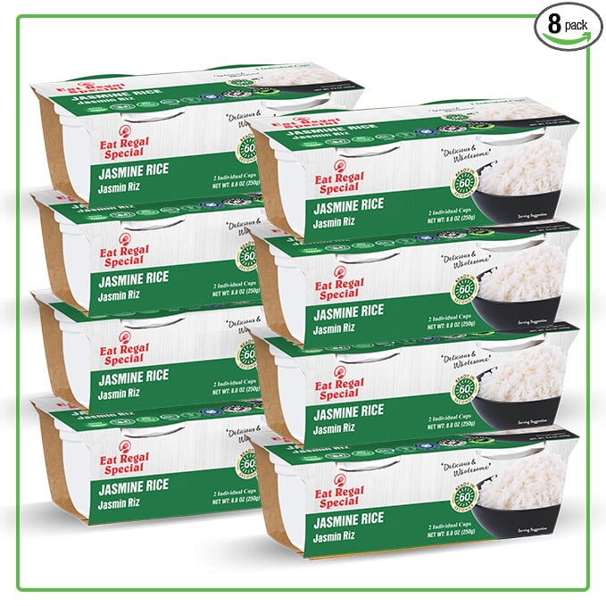 Eat Regal Ready to Eat Microwavable Jasmine Rice Cups 4.4 Ounce, 2 Count (Pack of 8) | Preservative free | Non-GMO | BPA-Free Cups