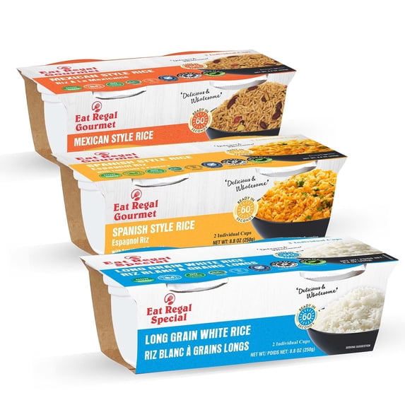 Eat Regal Ready-to-Eat Rice Cups Variety Pack – Long Grain White Rice (6), Mexican Style Rice (6) & Spanish Style Rice (6) | High Protein & Fiber, Ready in 1 Minute 8.8 oz (2x125g) Cups