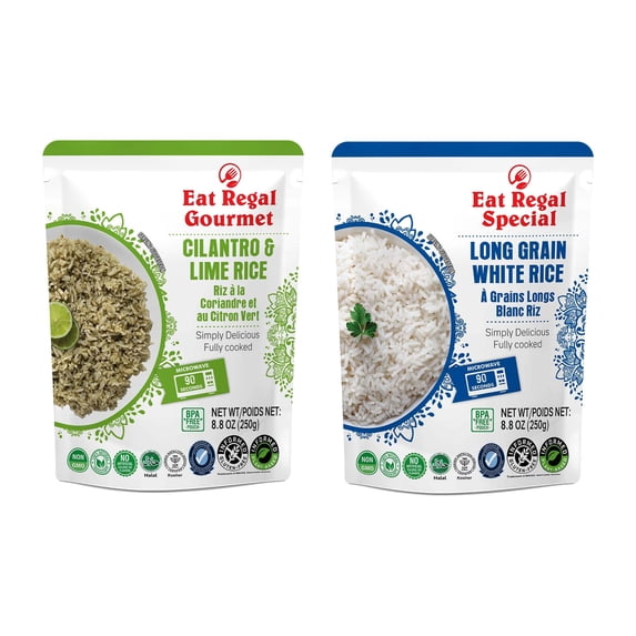 Eat Regal Ready-to-Eat Rice Variety Bundle – Cilantro & Lime Rice + Long Grain White Rice | Fully Cooked Microwave Rice in 1.5 Minutes | Non-GMO, Gluten-Free, BPA-Free Pouches | 8.8 oz (Pack of 12)
