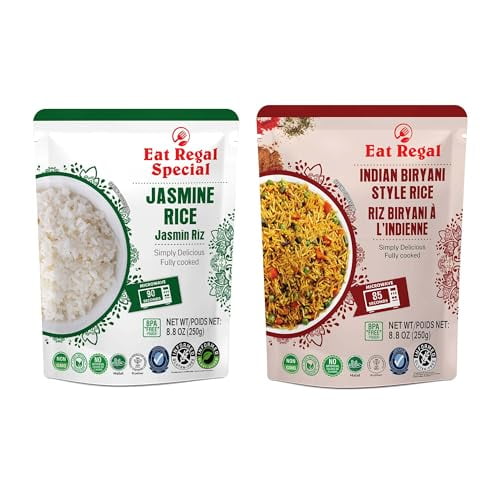 Eat Regal Ready-to-Eat Rice Variety Pack – Jasmine Rice & Indian Biryani Style Rice | High Protein Microwave Rice, Ready in 1.5 Minutes | Non-GMO, Gluten-Free, Halal & Kosher | 8.8 oz (Pack of 12)