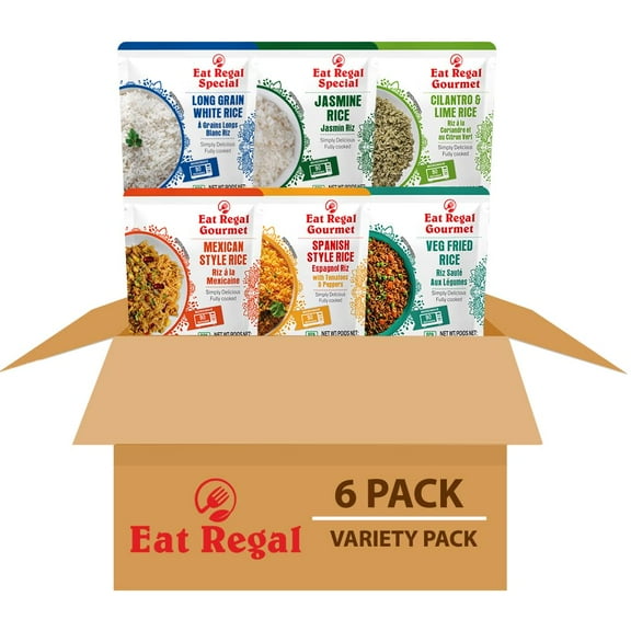 Eat Regal Rice 6 Flavor Variety Pack of 6, 8.8oz Jasmine, Spanish, Long Grain White, Cilantro & Lime, Mexican, and Veg Fried Rice