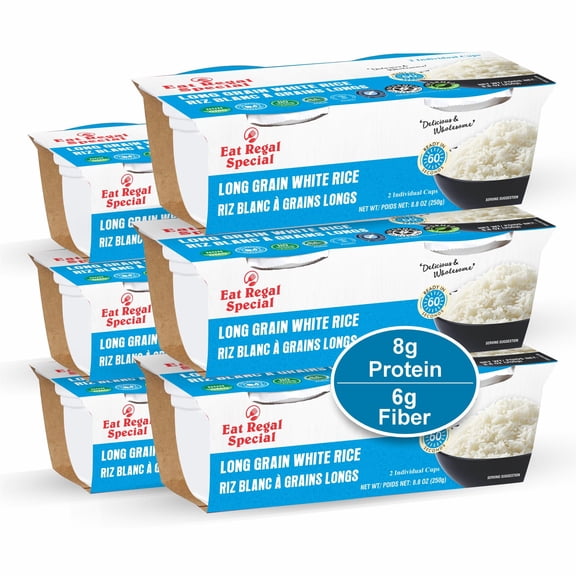 Eat Regal Long Grain Rice Cups, Light & Fluffy, Always Fluffy, No Clump & No Kneading, 8g Protein 6g Fiber, Microwave in 1 Minute, 8.8oz, Pack of 6