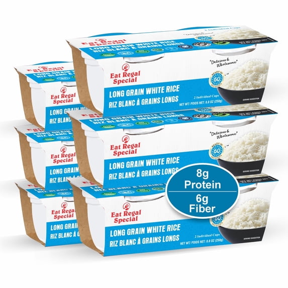 Eat Regal Long Grain Rice Cups, Light & Fluffy, Always Fluffy, No Clump & No Kneading, 8g Protein 6g Fiber, Microwave in 1 Minute, 8.8oz, Pack of 6