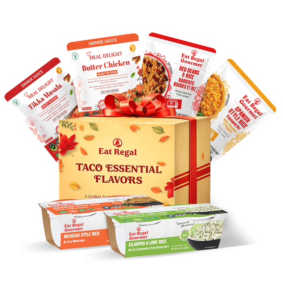 Eat Regal Taco Essentials Variety Pack (6 Items) Limited Edition Holiday Gift Box with Sauces & Ready Rice for Quick Taco Recipes | Heat and Eat| Microwaveable| Ready in Minutes