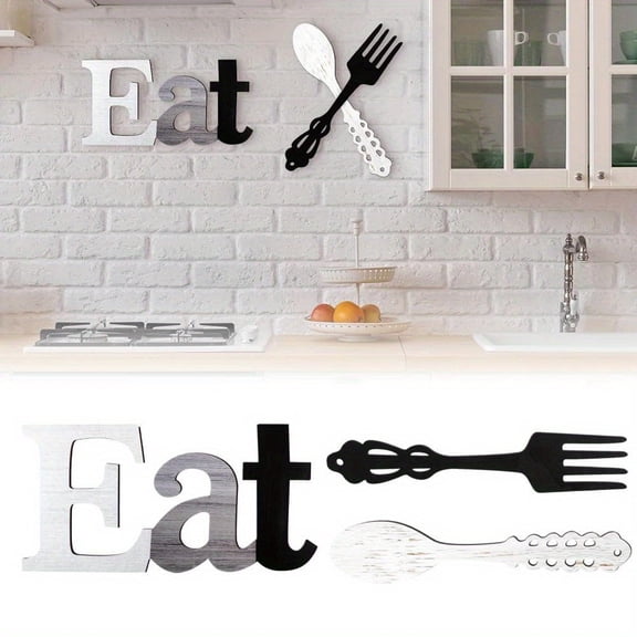 Eat Sign Set Hanging Art Kitchen Eat Sign Fork and Spoon Wall Decor Rustic Primitive Country Farmhouse Kitchen Decor for Home Decoration