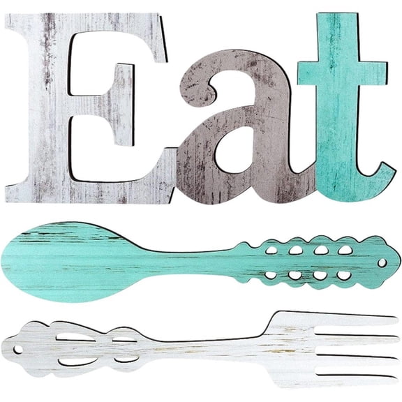 Eat Sign Wall Decor Set Fork and Spoon Wall Decor Decorative Hanging Wooden Letters Rustic Wood Decoration for Restaurant