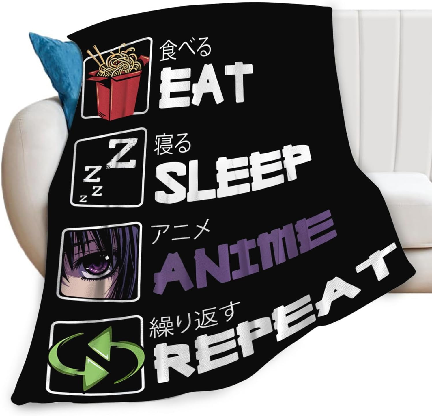 Eat Sleep Anime Blanket for Boys Girls Flannel Anime Throw Blanket Ultra Soft Cozy Fleece Decor Blankets Gift for Womens Mens Couch Sofa Bed 60" x 50"