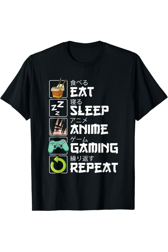 Eat Sleep Anime Gaming Repeat Kawaii Otaku Anime Manga T-ShirtMen and women, White Black T-shirt, size: Extra large S-4XL