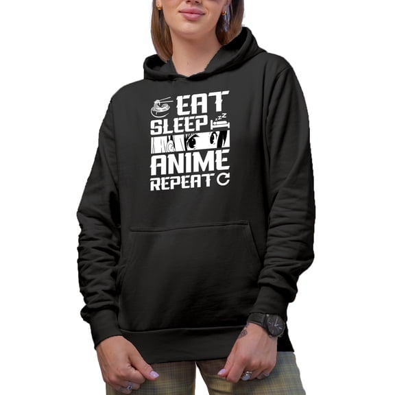 Eat Sleep Anime Repeat - Cute Anime Eyes, Black Hooded Sweatshirt or Hoodie, Medium