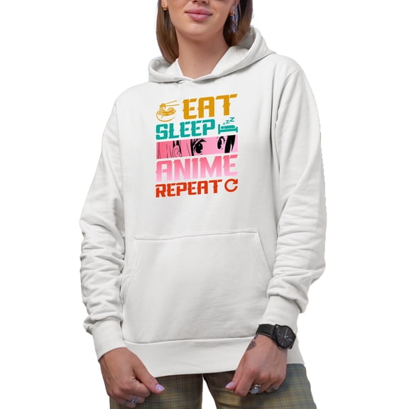 Eat Sleep Anime Repeat with Cute Anime Eyes, White Hooded Sweatshirt or Hoodie, Small