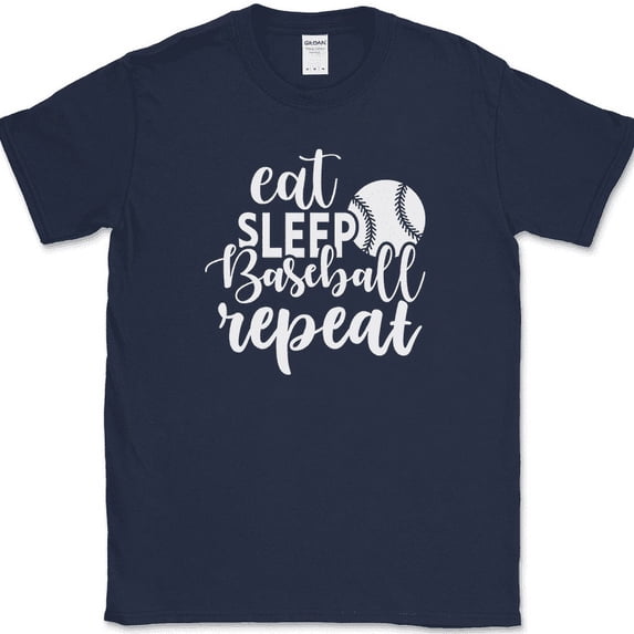 Eat Sleep Baseball Repeat T-Shirt Funny Sports Game League Humor Text Tee - Navy, M