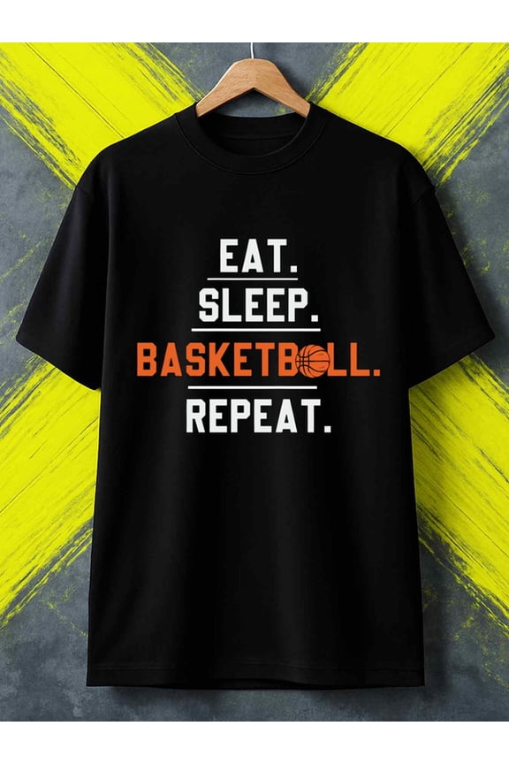 Eat Sleep Basketball Repeat mens Exercise 180G 100% Cotton black gym Dumbbell Classic Unisex Shirt Crewneck tshirts Unique Design Unisex Shirt Graphic Tee tshirts