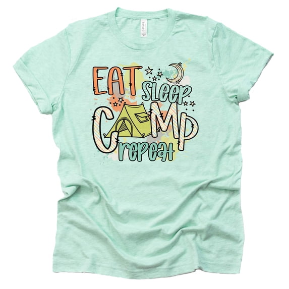 Eat Sleep Camp Repeat Shirt, Camping RV Shirt, Women Summer Graphic Tees Tops Funny Unisex Short Sleeve (Mint, X Large)