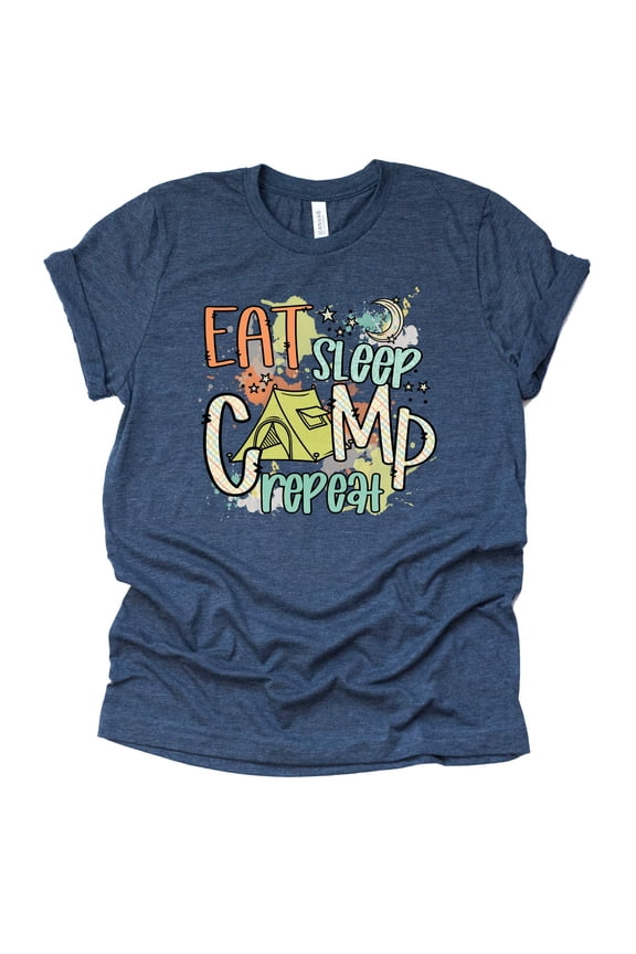 Eat Sleep Camp Repeat Shirt, Camping RV Shirt, Women Summer Graphic Tees Tops Funny Unisex Short Sleeve (Navy, Large)