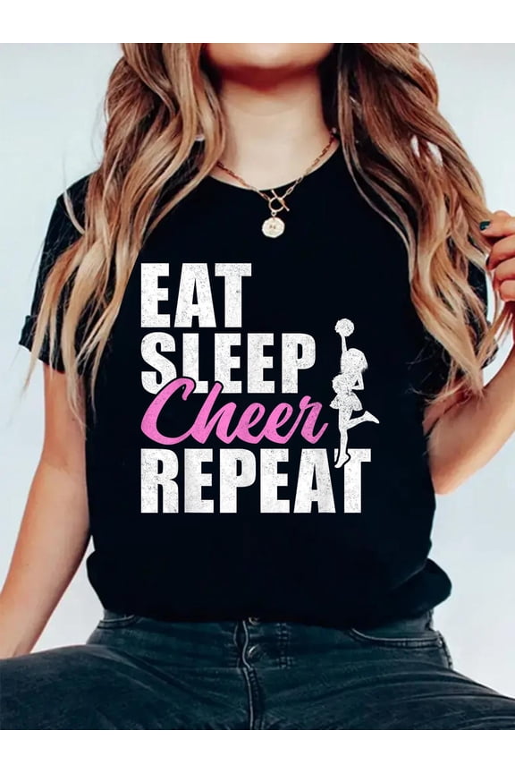 Eat Sleep Cheer Repeat Cheerleader T-Shirt Graphic Tee summer Tops For Women Round Neck Fashion Cotton shirts
