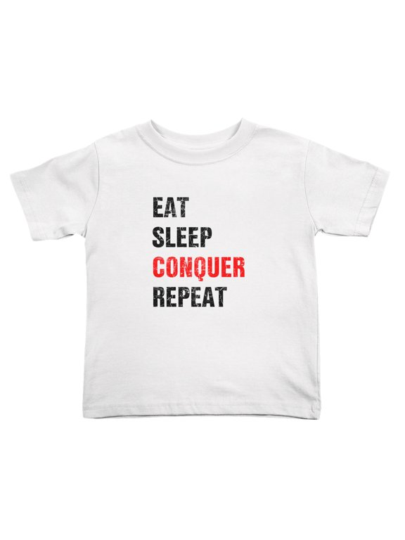 Eat Sleep Conquer Repeat Funny Toddler T-Shirts for Boys Girls (White, Youth S)