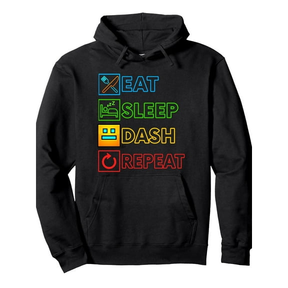 Eat Sleep Dash Repeat Video Game Hoodie - 3D Printed Geometry Dash Logo Pullover, 60% 40%, Casual Gamer Sweatshirt for Outdoor & Gaming Apparel