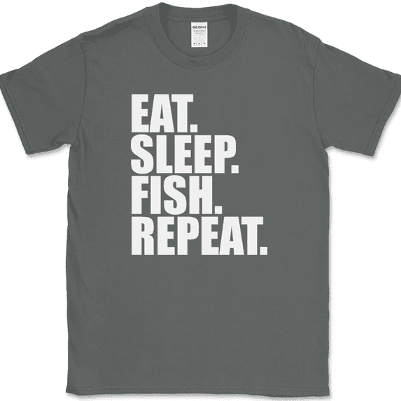Eat Sleep Fish Repeat T-Shirt Funny Fishing Caster Bait Pole Hobby Gift Tee - Charcoal, 2XL