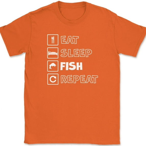Eat Sleep Fish Repeat T-Shirt Funny Pole Rod Fishing Humor Gift Hobby Tee - Orange, 4XL