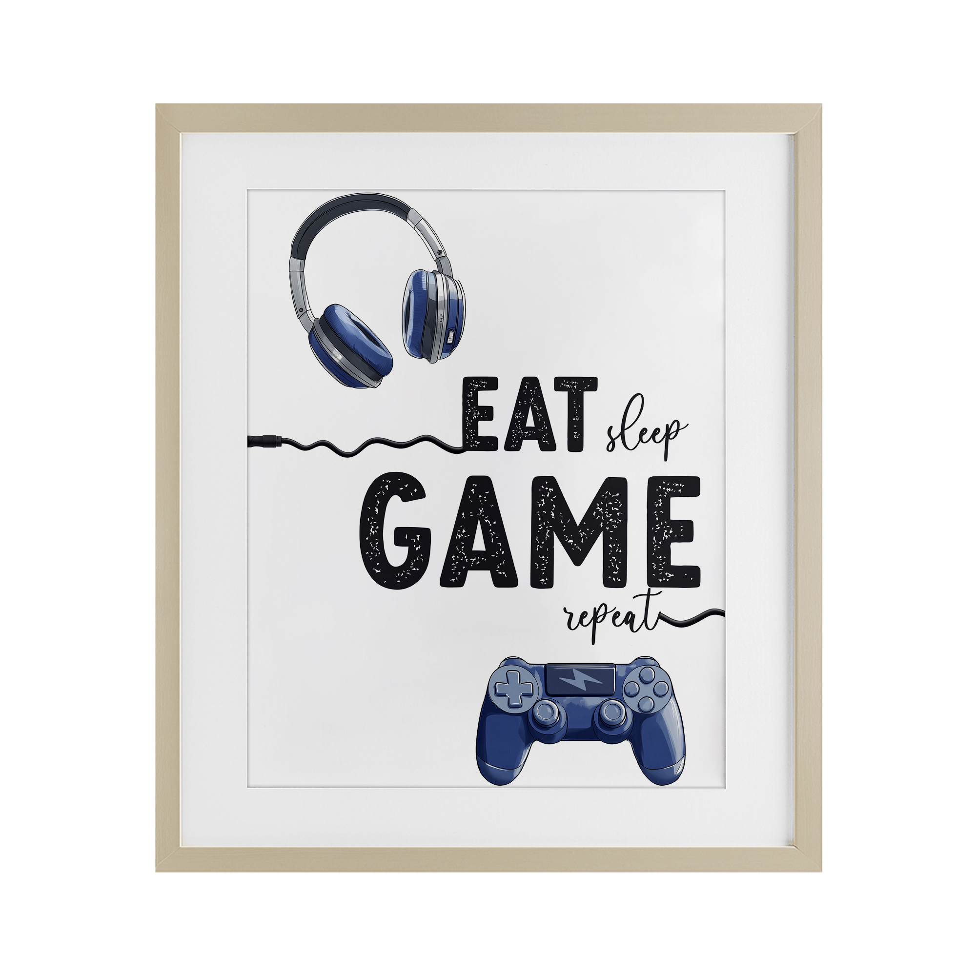 Eat Sleep Game Lifestyle Birch Framed Print Under Glass, design by Christine Simpson Art