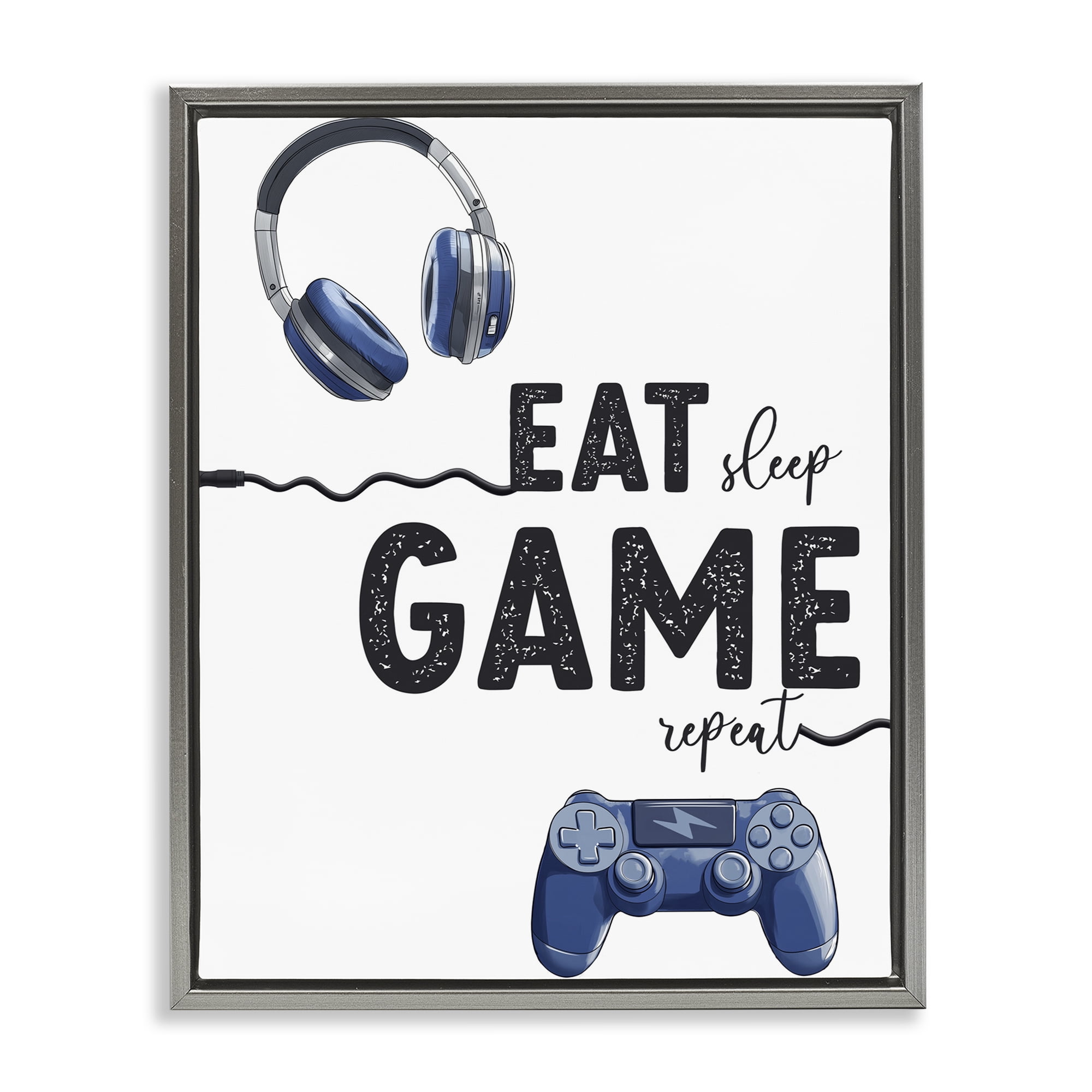 Eat Sleep Game Lifestyle Gray Framed Floater Canvas Wall Art, design by Christine Simpson Art