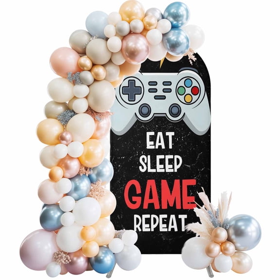 Eat Sleep Game Repeat Arch Backdrop Cover 4 FT Cartoon Game Consoles Retro Stretchy Elastic Arch Stand Covers Spandex Arched Background Birthday Wedding Party Decoration (No Stand)