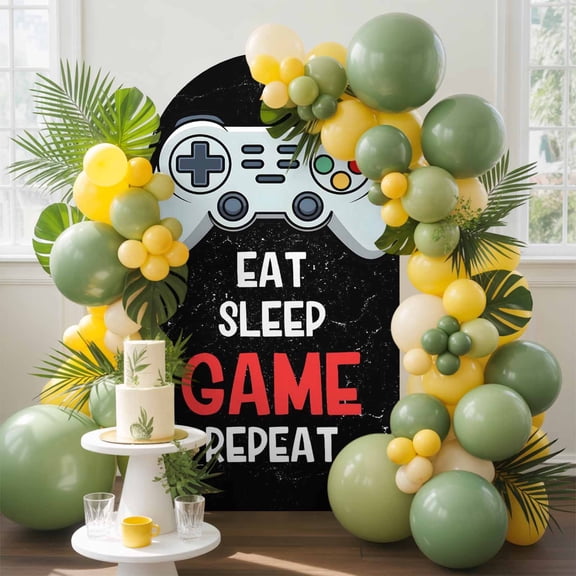 Eat Sleep Game Repeat Arch Backdrop Cover, 5FT, Cartoon Game Consoles Retro Spandex Arch Covers Double-Sided Backdrop for Wedding Birthday Party Photo Background Decoration