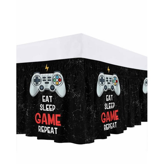 Eat Sleep Game Repeat Bed Skirt King Size 16" Drop Cartoon Game Consoles Retro Ruffled Wrap Around Bed Skirts Adjustable Elastic Bedskirt Dust Ruffle for King Size Bed