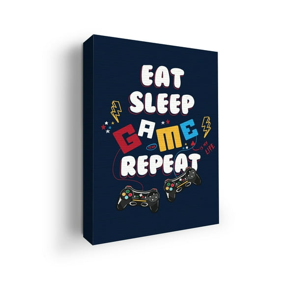 Eat Sleep Game Repeat Canvas Wall Art by Mavis Print- 12x16 inches Gaming Quotes Wall Decor | Video-Game Themed HD Printed & Wooden framed wall art | Modern Wall Decor for Gift | Made in USA