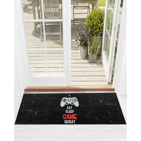 Eat Sleep Game Repeat Front Door Mat Cartoon Game Consoles Retro Welcome Doormat Indoor Outdoor Entrance Floor Mat Non-Slip Washable Runner Rug for Front Porch Decor 16x47 Inch