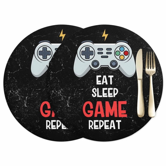 Eat Sleep Game Repeat Leather Placemats Set of 2, 15 Inch, Cartoon Game Consoles Retro Waterproof Oil-Proof Place Mats, Non-Slip Table Mats for Kitchen, Dining Room, Indoor Outdoor