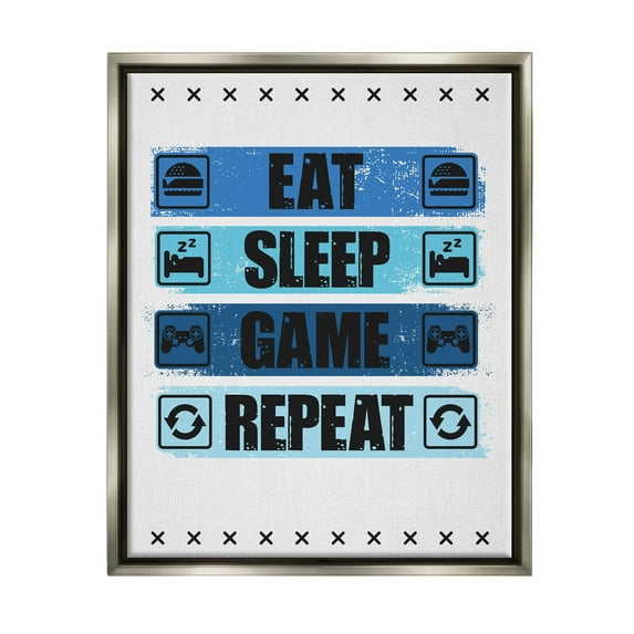 Eat Sleep Game Repeat Phrase Art for Kids Graphic Art Luster Gray Framed Art Print Wall Art