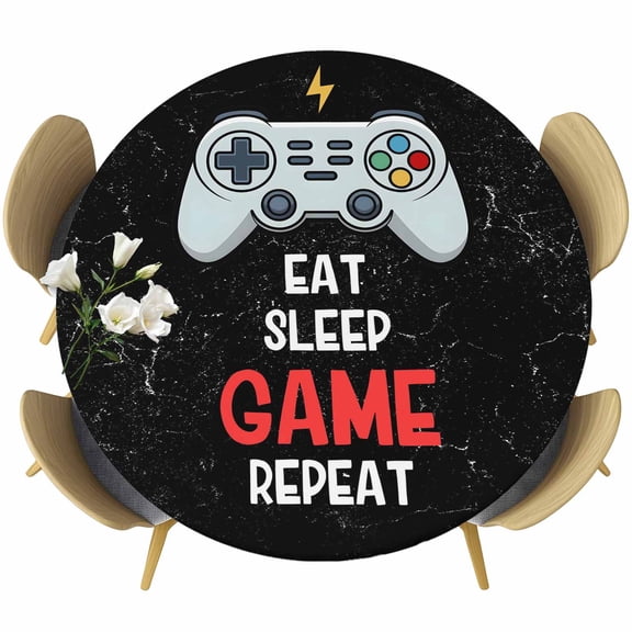 Eat Sleep Game Repeat Round Fitted Table Cover Cartoon Game Consoles Retro Waterproof Table Cloth with Elastic Edge Wipeable Tablecloth for Picnic Camping Party Fits 55"-60" Diameter