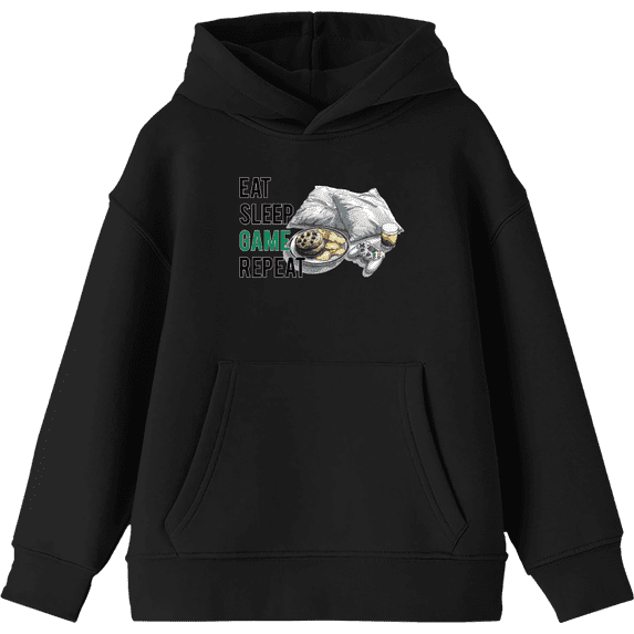 Eat, Sleep, Game, Repeat Youth Black Long Sleeve Hoodie-Medium