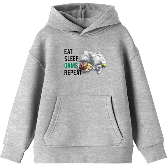 Eat, Sleep, Game, Repeat Youth Heather Gray Long Sleeve Hoodie-Medium