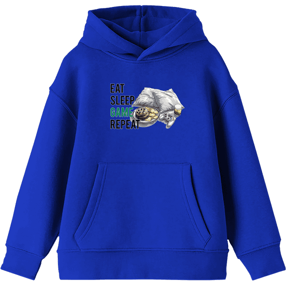 Eat, Sleep, Game, Repeat Youth Royal Blue Long Sleeve Hoodie-Small