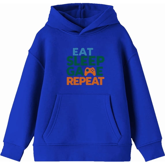 Eat, Sleep, Game, Repeat Youth Royal Blue Long Sleeve Hoodie-Small