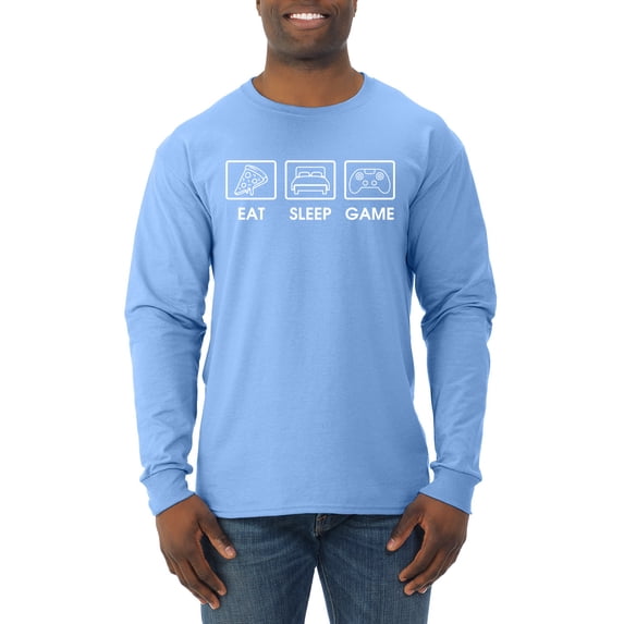 Eat Sleep Game Video Gamer Gift Fan Pop Culture Mens Long Sleeve Shirt, Light Blue, X-Large