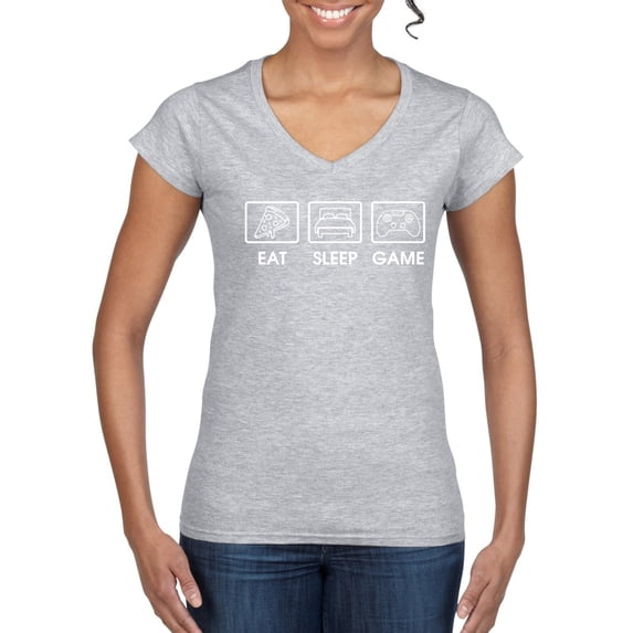 Eat Sleep Game Video Gamer Gift Fan Pop Culture Women’s Standard V-Neck Tee, Heather Grey, Medium