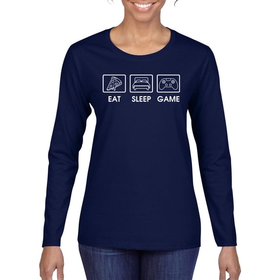 Eat Sleep Game Video Gamer Gift Fan Pop Culture Womens Graphic Long Sleeve T-Shirt, Navy, Medium