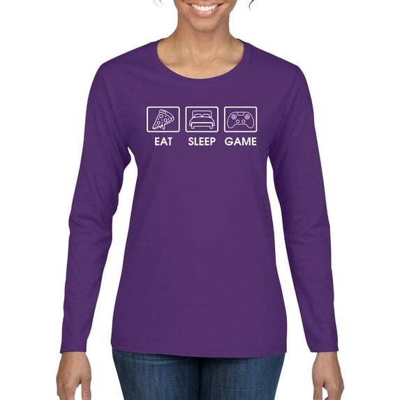 Eat Sleep Game Video Gamer Gift Fan Pop Culture Womens Graphic Long Sleeve T-Shirt, Purple, 2XL