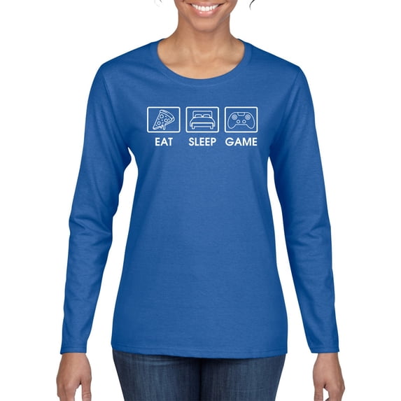 Eat Sleep Game Video Gamer Gift Fan Pop Culture Womens Graphic Long Sleeve T-Shirt, Royal, Medium